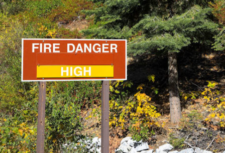 A brown sign in a forested area that reads "FIRE DANGER: HIGH"