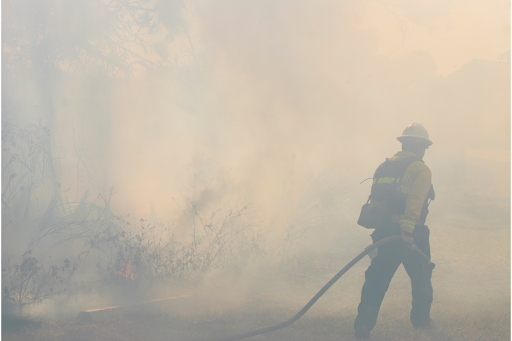 Firefighter standing in a smoky forest.