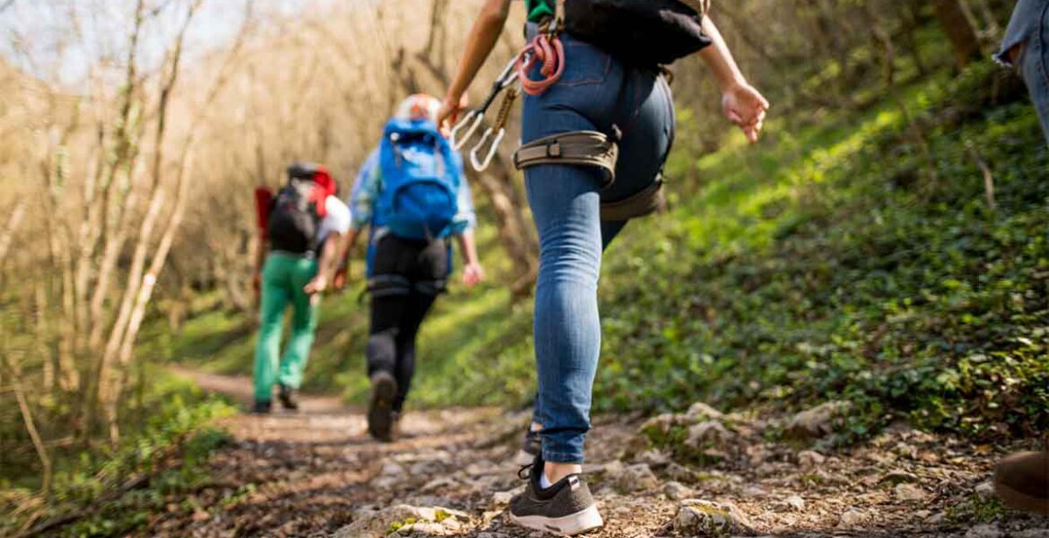 Three hikers on a trail