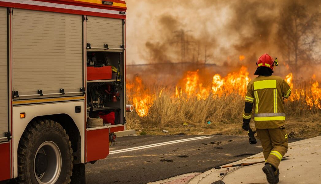 Firefighter walking towards a wildfire near a road.