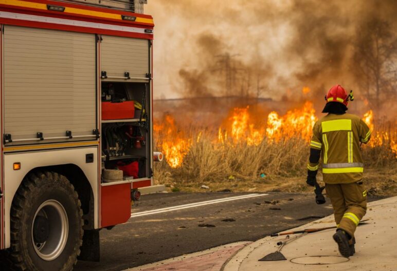 Firefighter walking towards a wildfire near a road.