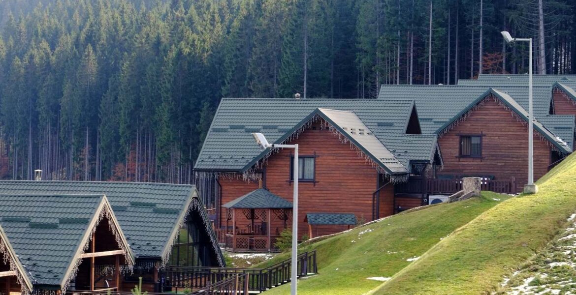 mountain resort with log cabins.