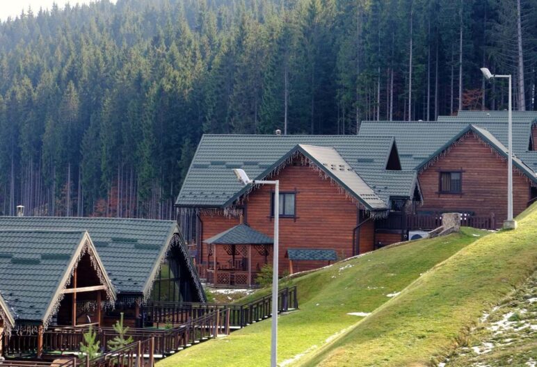 mountain resort with log cabins.